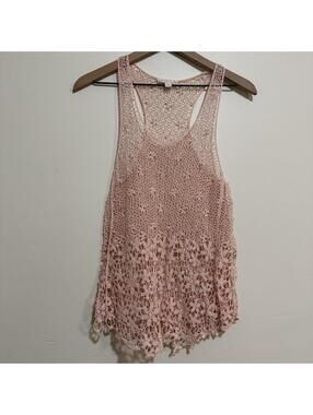 Y2K Cottage Core Light Pink Crochet Lace Boho Tank Top Bathing suit Cover Small